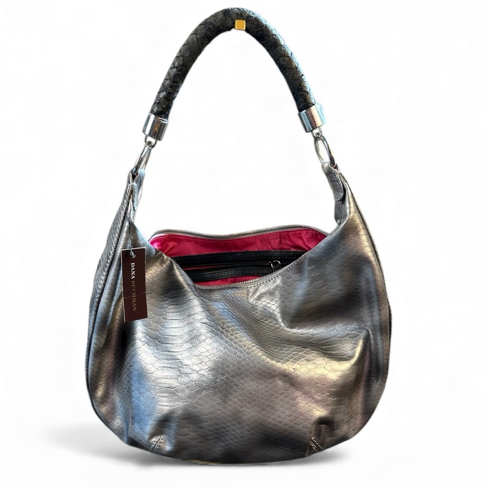 NWT. Dana Buchman‎ Metallic Silver Hobo Bag with Black Handle